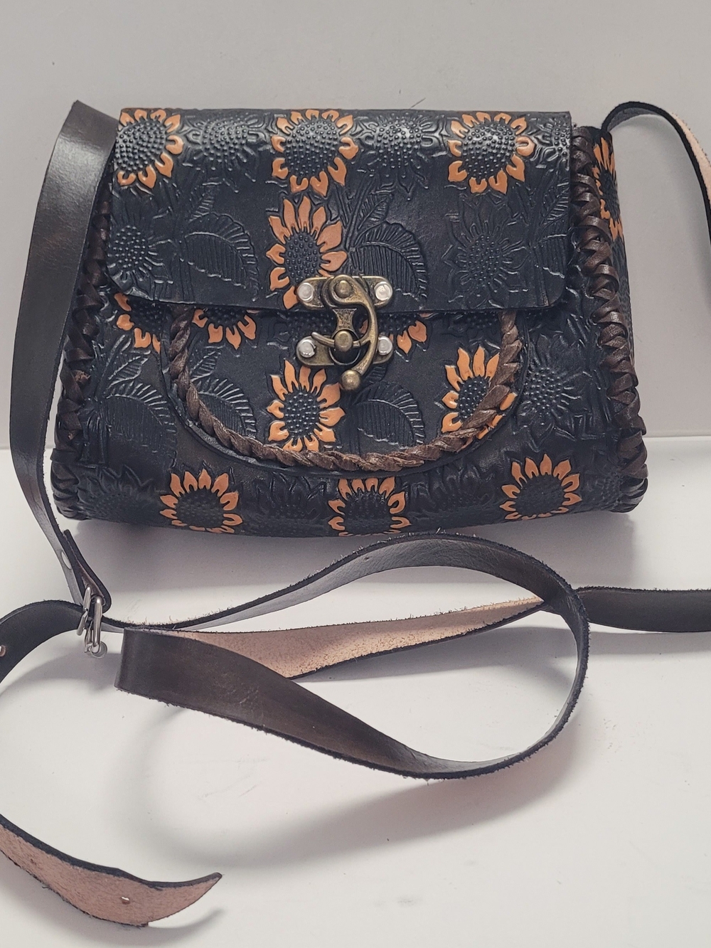 Hand Tooled Sunflower Embossed Black Leather Crossbody Bag